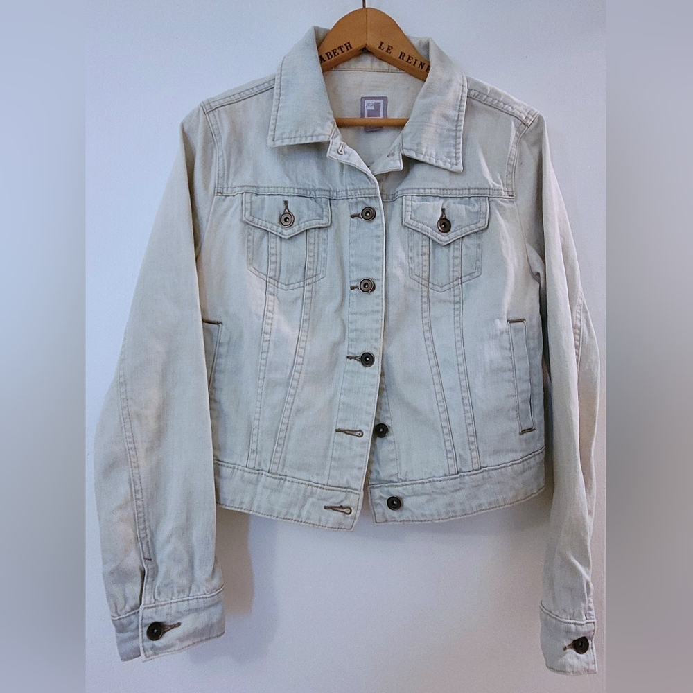 JCPenny Blue Cropped Jean Jacket with Contrast Stitching